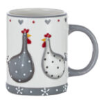 Cană cafea ceramică alb/gri cu inimioare, cocoș și găină, 11,5x8x9,5 cm