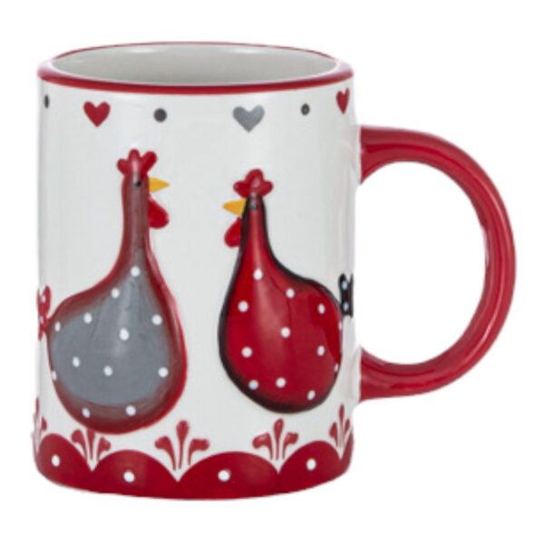 Cană cafea ceramică alb/rosu cu inimioare, cocoș și găină, 11,5x8x9,5 cm