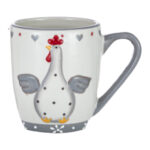 Cană cafea ceramică cu inimioare și găină alb/gri, 12,5x8,5x10,5 cm