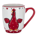 Cană cafea ceramică cu inimioare și găină roșie, 12,5x8,5x10,5 cm