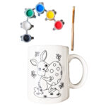 Cană ceramică albă, cu desen contur negru, iepure pentru colorat cu acuarele, 10x8x8 cm, 250 ml