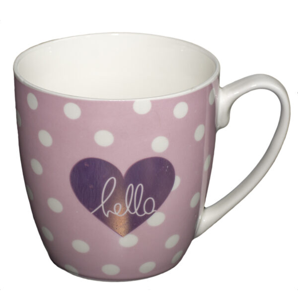 Cană ceramică roz cu buline albe ‘Hello’