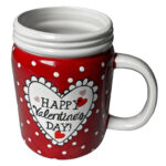 Cană roșie cu buline albe și inimă Happy Valentine’s Day, 13 x 9 x 9 cm, 500 ml