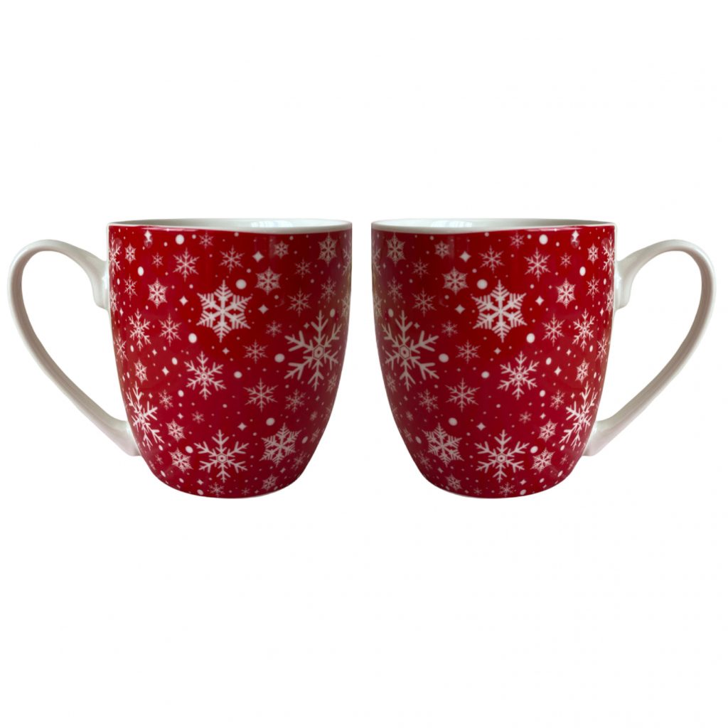 Căni ceramică, model Crăciun, roșie cu fulgi de nea albi, set 2 bucăți 10x7x13 cm, 480 ml