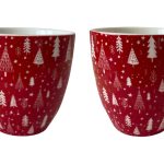 Căni ceramică, model Crăciun, roșii cu brăduți albi, set 2 bucăți,10x7x13 cm, 480 ml