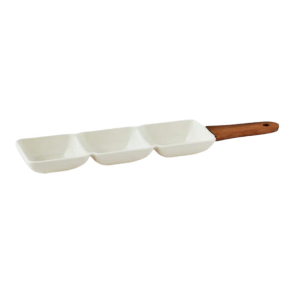 Platou aperitive cu 3 compartimente, alb, din porțelan și bambus, 38x9x5,1 cm