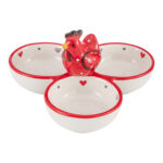 Platou aperitive cu 3 compartimente, alb/roșu, cu inimioare și cosoș, 16,5x16,5x9,5 cm