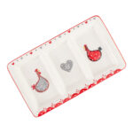 Platou aperitive cu inimioare, cocoș și găină, alb/roșu/gri, 30x17,5x3 cm