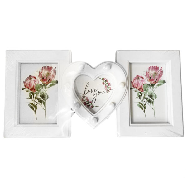 Ramă albă cu led și inimă pentru 3 fotografii, 40 x 20 x 3 cm