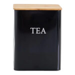 Recipient negru din metal, cu capac din bambus, pentru depozitare ceai, 10,3 cm x 13,4 cm