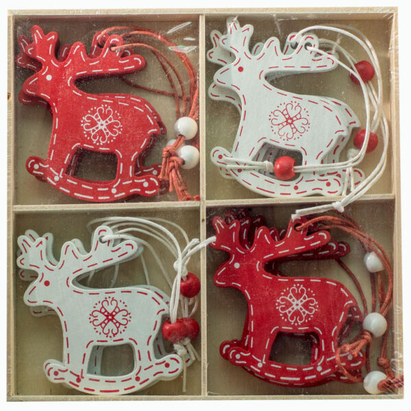 Set 12 decorațiuni lemn brad Crăciun albi și roșii