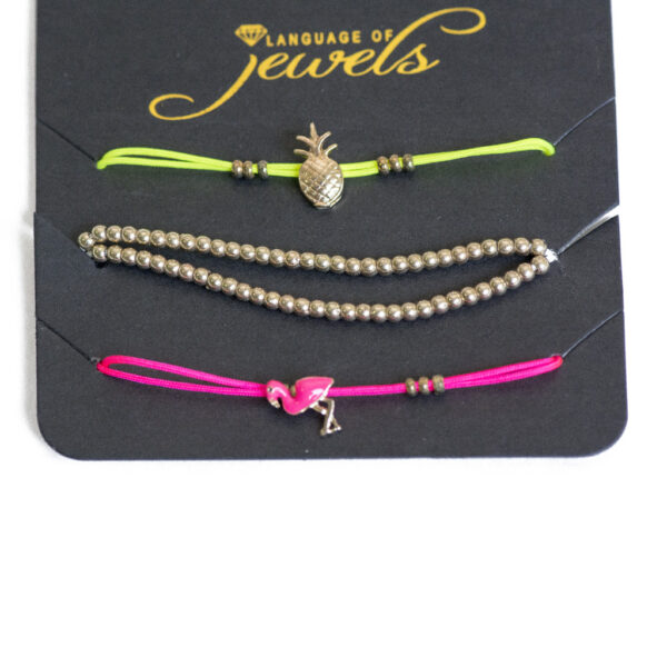 Set 3 brățări fuchsia, auriu și verde neon cu flamingo și ananas