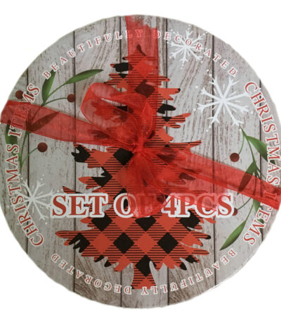Set 4 farfurii ceramică model Crăciun carouri roșu