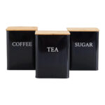 Set recipiente negre din metal, cu capac din bambus, pentru depozitare ceai, cafea și zahăr, 10,3 x 13,4 cm