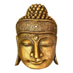 Statuetă din lemn albesia, cap Buddha cel înțelept, sculptat și pictat manual, auriu, 30x20x8 cm