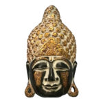 Statuetă din lemn albesia, cap Buddha cel înțelept, sculptat și pictat manual, maron auriu, 50x26x10 cm