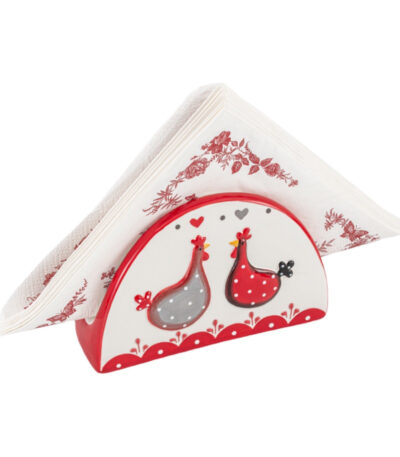 Suport servețele alb/roșu/gri, cu inimioare, cocoș și gaină, 14x4,5x9 cm
