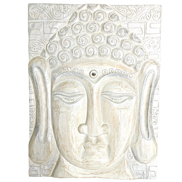 Tablou Buddha cel înțelept alb argintiu din lemn pictat manual, 40x30x2,3 cm