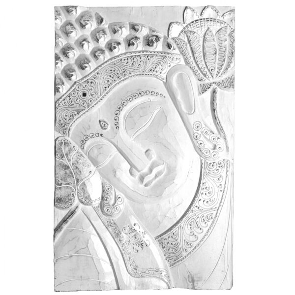 Tablou Buddha lemn albesia alb argintiu pictat manual