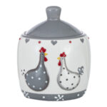 Zaharniță alb/gri, cu capac roșu, inimioare, cocoș și găină, 9,5x9,5x11 cm