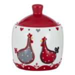 Zaharniță alb/roșu, cu capac roșu, inimioare, cocoș și găină, 9,5x9,5x11 cm