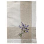 Față de masă bej din in, brodată manual cu flori de levănțică, 150x220 cm