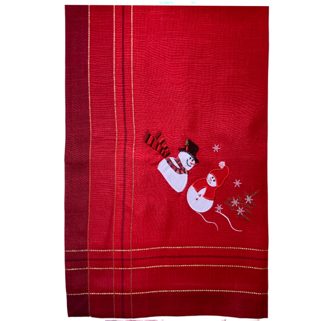 Fata de masa rosie cu om de zapada 1 Față de masă roșie din in, cu broderie manuală om de zăpadă, 130x180 cm - imagine 1