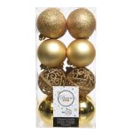 Cutie cu 16 globuri asortate Gold Mix, Decoris, plastic, auriu