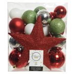 Cutie cu 33 globuri asortate si varf de brad Star, Decoris, plastic, alb/rosu/verde