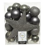 Cutie cu 33 globuri asortate si varf de brad Star Silver, Decoris, plastic, argintiu