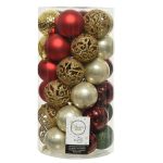 Cutie cu 37 globuri asortate Mix, Decoris, plastic, rosu/auriu/verde