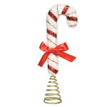 Varf decorativ pentru brad Candy cane w bow, Decoris, 4.5x7.5x25 cm, spuma, rosu/alb/auriu