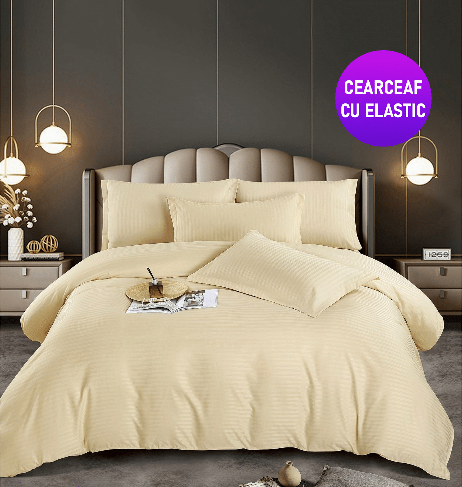 ELASTIC-crem-1 Lenjerie king size cu elastic Damasc Finet 6 piese Crem - imagine 1