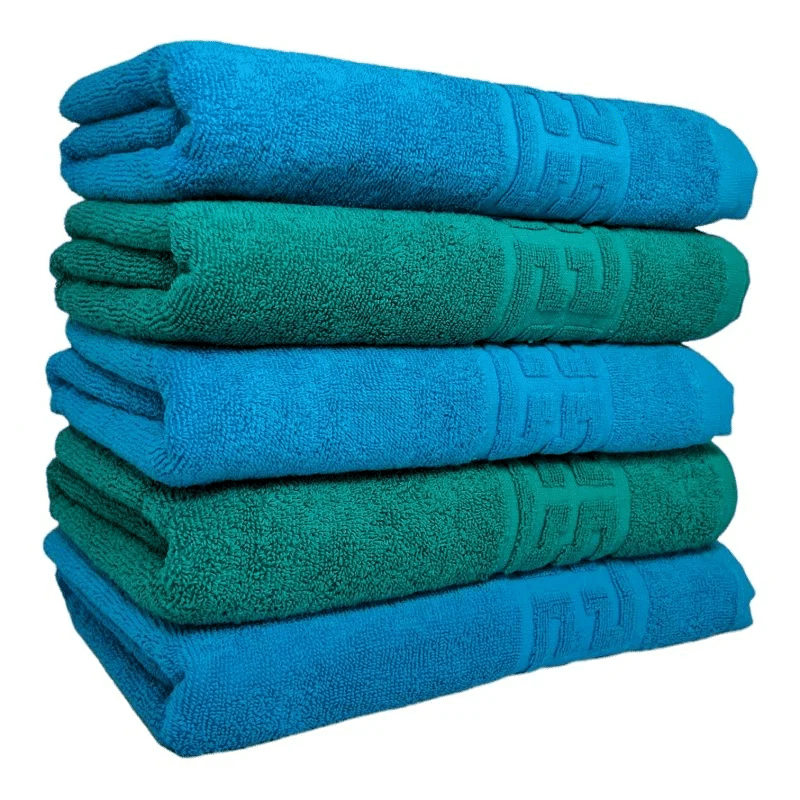 pachet-5-prosoape-baie-bumbac-100-greek-550g-bleu-verde-st10154-800x800-1 Set 5 Prosoape 50x90 cm Bumbac 550 gr/mp Greek Border Turcoaz, Verde - imagine 1